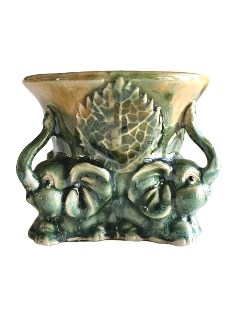 Vintage Japanese Majolica-Style Triple Elephant Planter - Mid-Century Modern